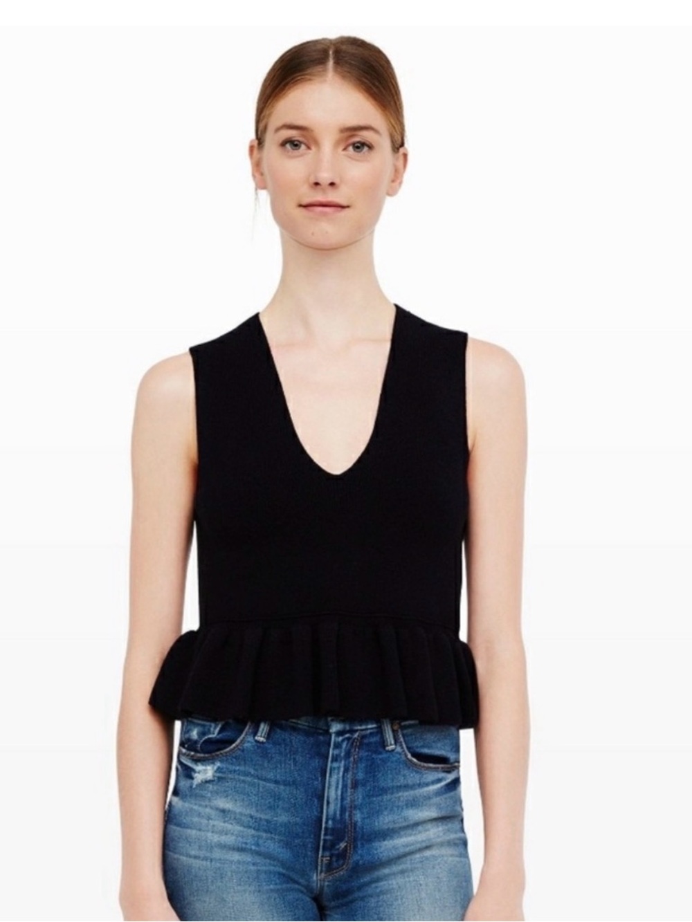 Club Monaco navy blue peplum extra fine merino wool knit V-Neck Ruffled top S/P